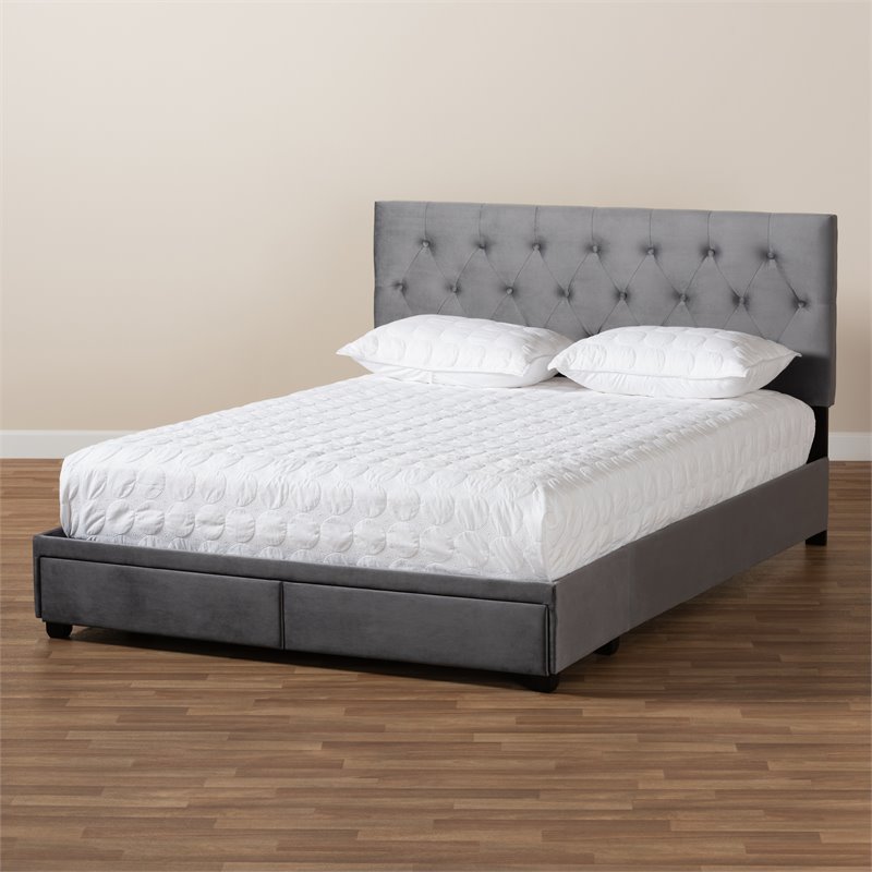 Bowery Hill Modern Velvet Tufted Platform Storage Queen Bed in Gray