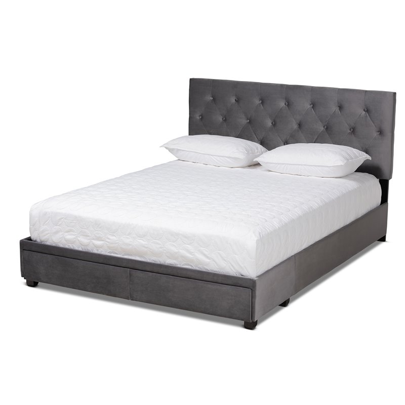 Bowery Hill Modern Velvet Tufted Platform Storage Queen Bed in Gray