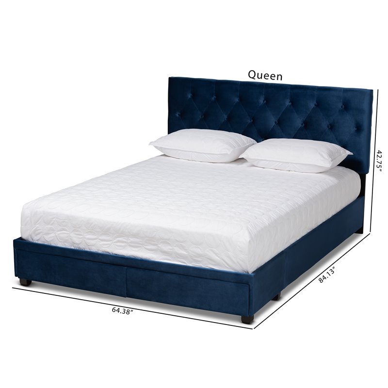 Bowery Hill Modern Velvet Tufted Platform Storage Queen Bed in Blue