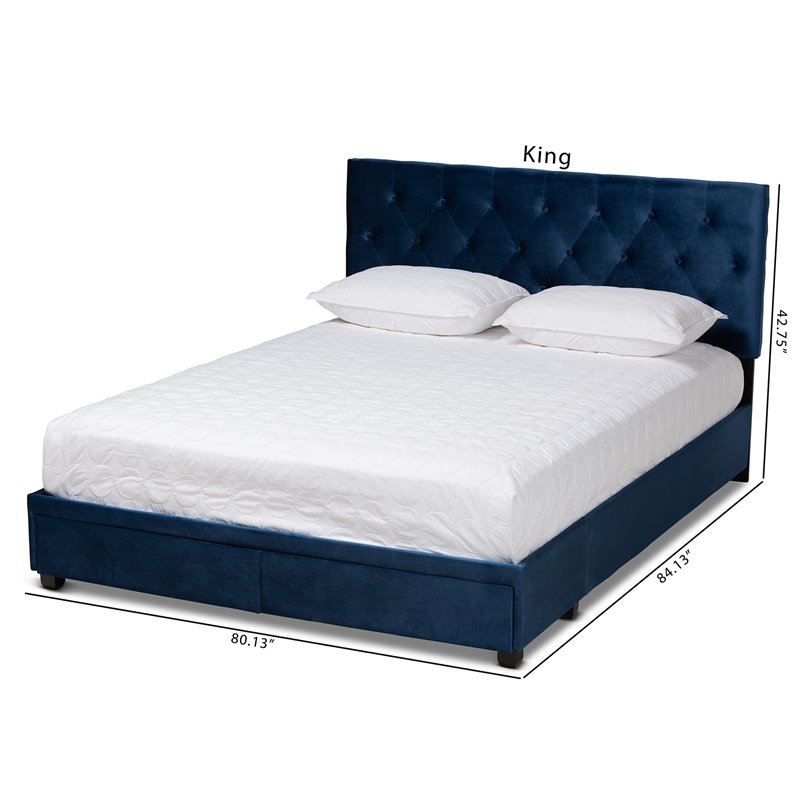 Bowery Hill Modern Velvet Tufted Platform Storage Queen Bed in Blue