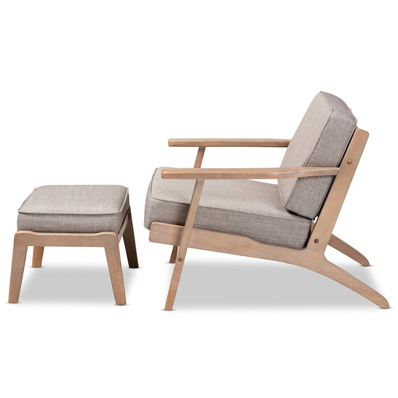 Bowery Hill Light Grey Upholstered Oak Wood Armchair and Ottoman Set