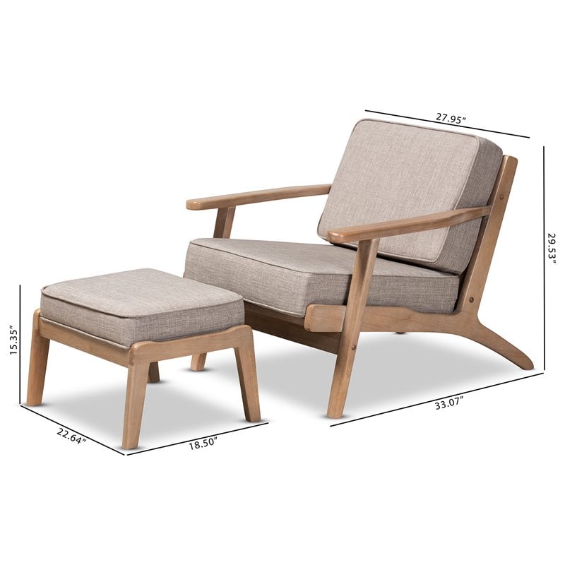 Bowery Hill Light Grey Upholstered Oak Wood Armchair and Ottoman Set