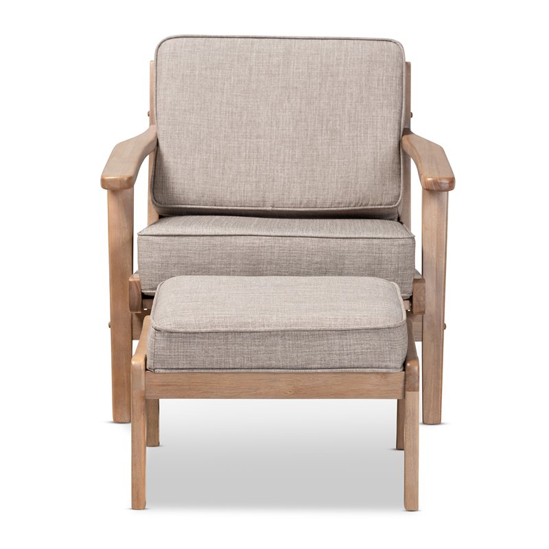 Bowery Hill Light Grey Upholstered Oak Wood Armchair and Ottoman Set