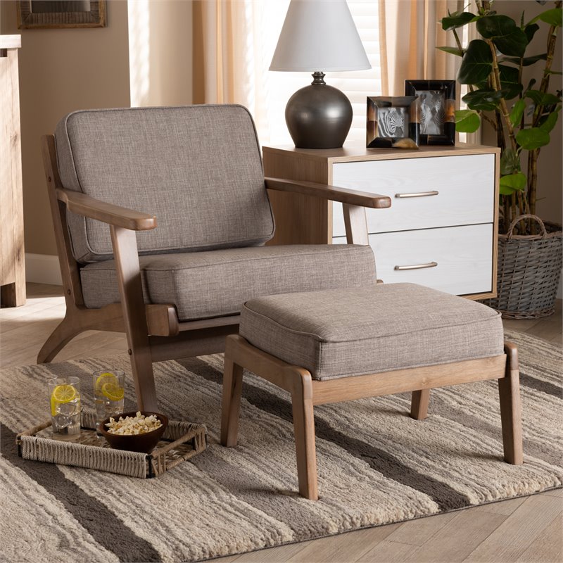 Bowery Hill Light Grey Upholstered Oak Wood Armchair and Ottoman Set