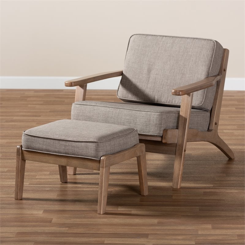 Bowery Hill Light Grey Upholstered Oak Wood Armchair and Ottoman Set