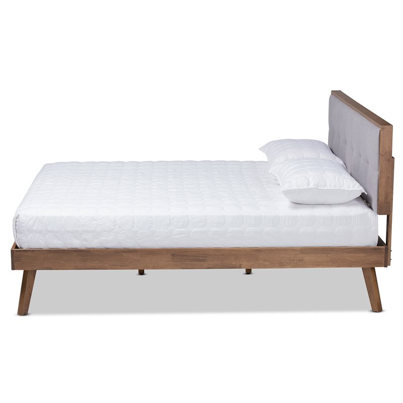Bowery Hill Mid-Century Fabric King Size Platform Bed in Light Gray/Walnut Brown