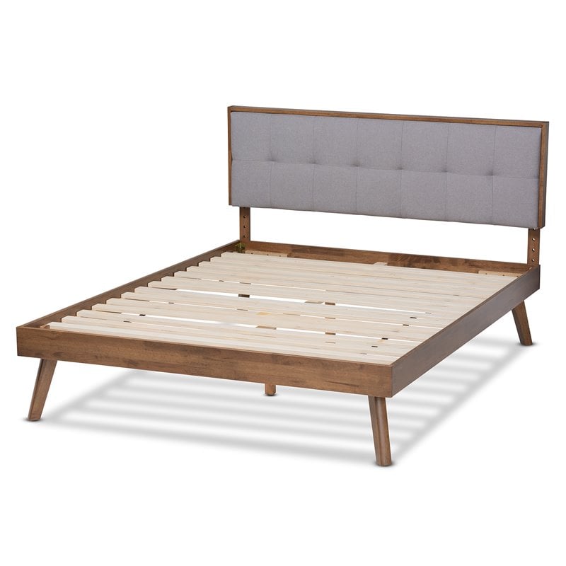 Bowery Hill Mid-Century Fabric King Size Platform Bed in Light Gray/Walnut Brown