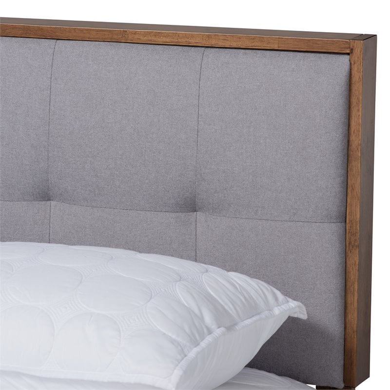 Bowery Hill Mid-Century Fabric King Size Platform Bed in Light Gray/Walnut Brown