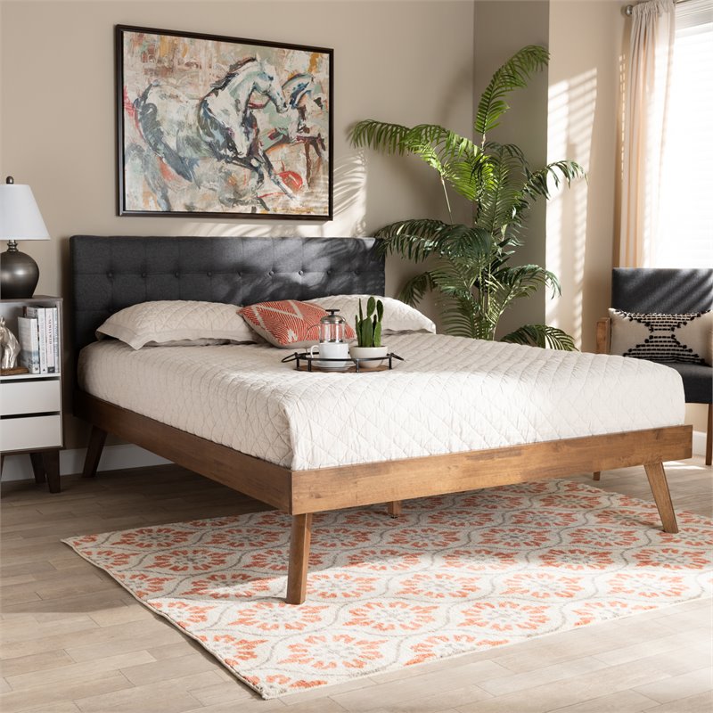 Bowery Hill Queen Size Dark Gray Fabric Walnut Finished Platform Bed