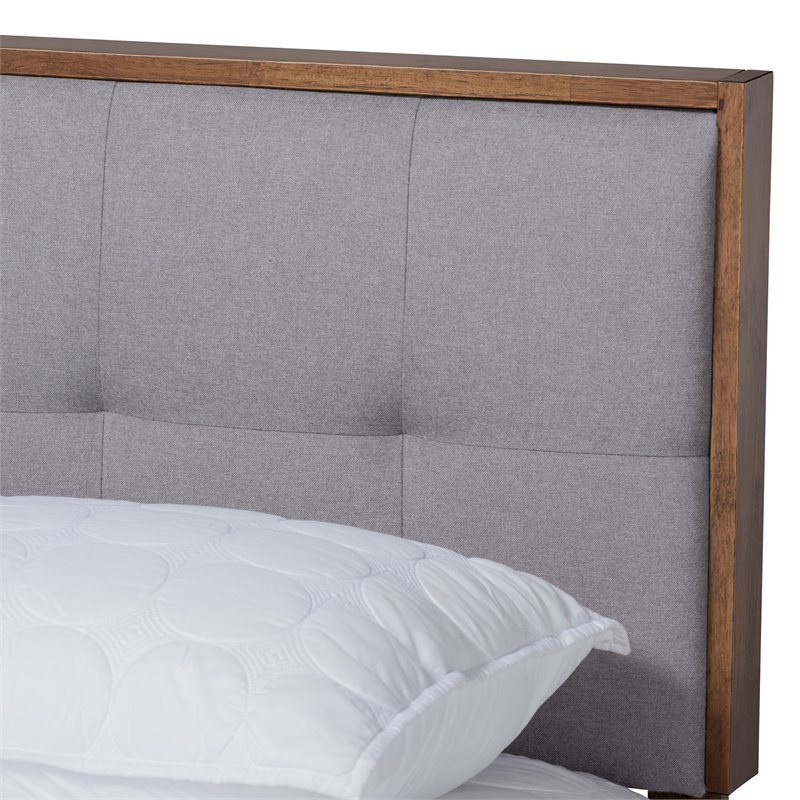 Bowery Hill Queen Size Light Gray Fabric Walnut Finished Platform Bed