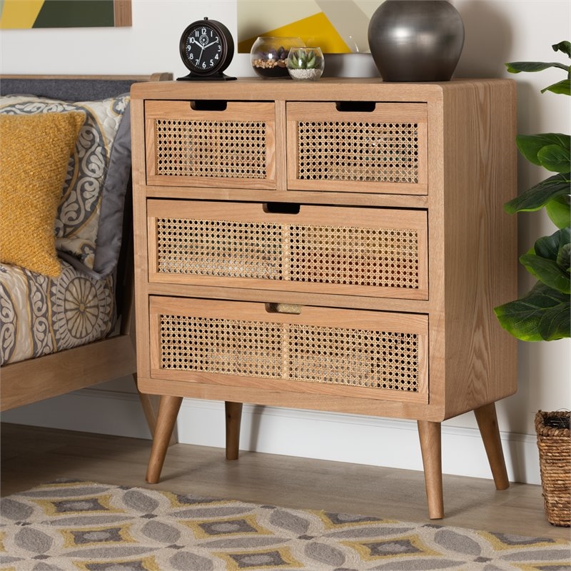 Bowery Hill Mid-Century 4-Drawer Wood/Rattan Accent Chest in Medium Oak