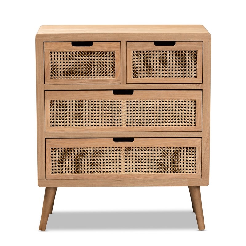 Bowery Hill Mid-Century 4-Drawer Wood/Rattan Accent Chest in Medium Oak