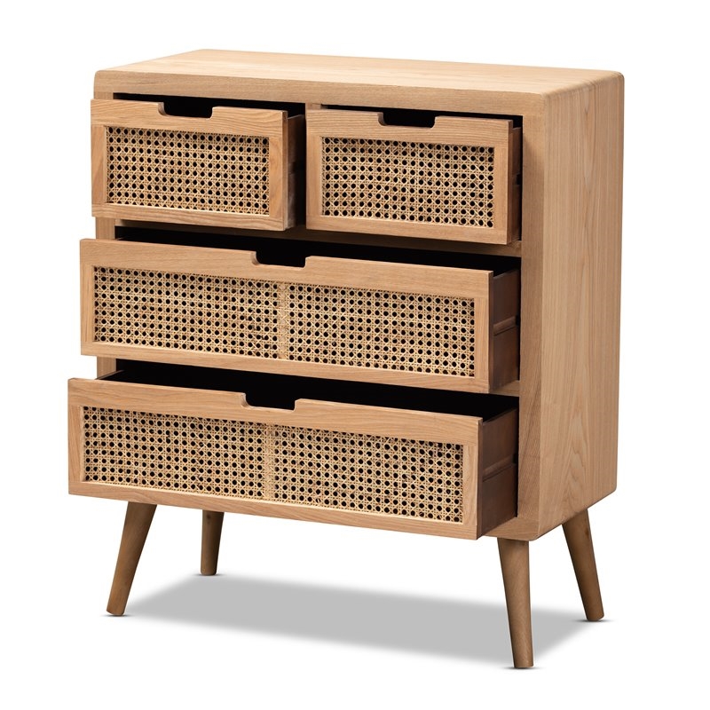 Bowery Hill Mid-Century 4-Drawer Wood/Rattan Accent Chest in Medium Oak