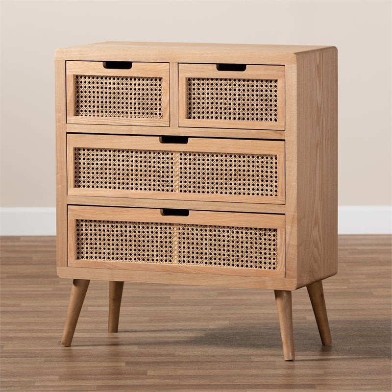 Bowery Hill Mid-Century 4-Drawer Wood/Rattan Accent Chest in Medium Oak