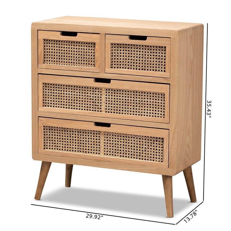 Bowery Hill Mid-Century 4-Drawer Wood/Rattan Accent Chest in Medium Oak
