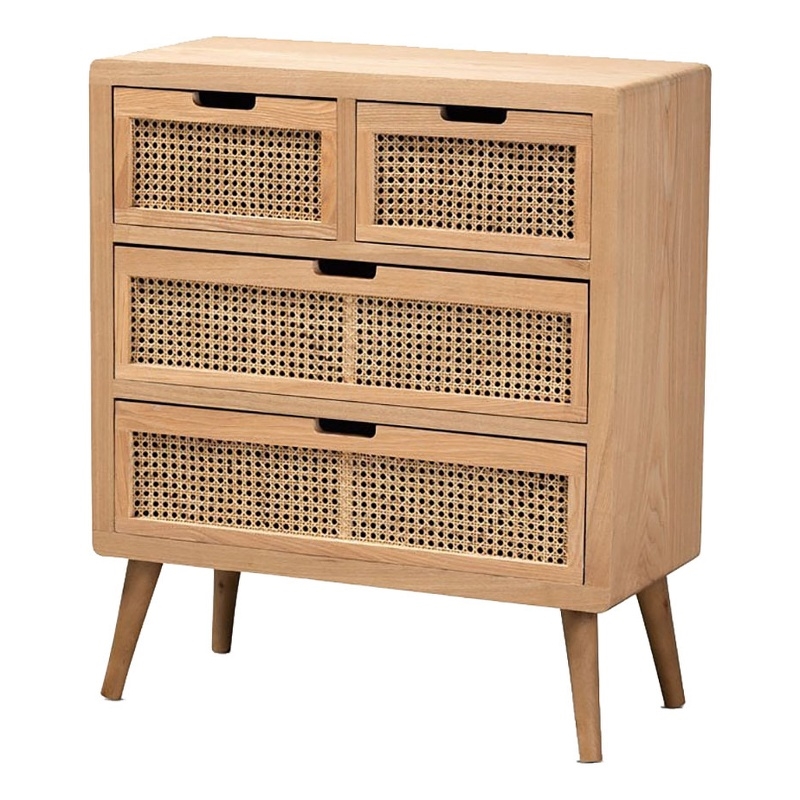 Bowery Hill Mid-Century 4-Drawer Wood/Rattan Accent Chest in Medium Oak