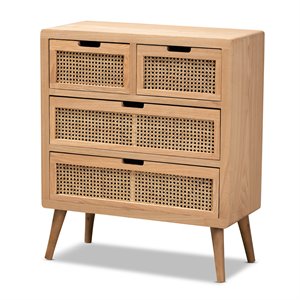 bowery hill medium oak finished wood and rattan 4-drawer accent chest