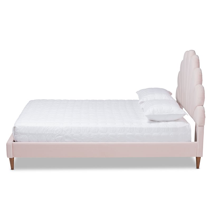 Bowery Hill Contemporary Velvet Seashell Shaped Queen Platform Bed in Light Pink