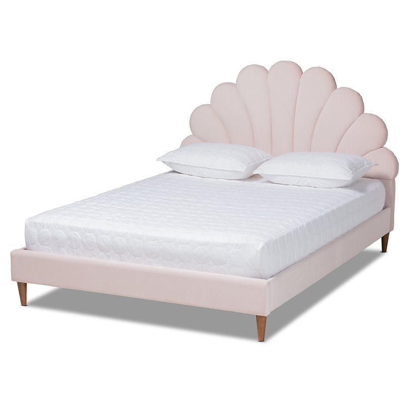 Bowery Hill Contemporary Velvet Seashell Shaped Queen Platform Bed in Light Pink