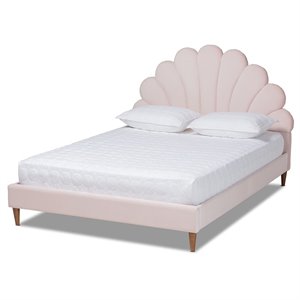 Bowery Hill Contemporary Velvet Seashell Shaped Queen Platform Bed in Light Pink