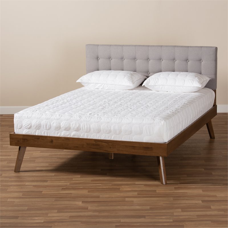 Bowery Hill Mid-Century Fabric Queen Size Platform Bed in Light Gray/Walnut