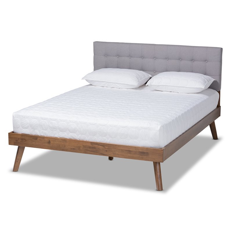 Bowery Hill Mid-Century Fabric Queen Size Platform Bed in Light Gray/Walnut