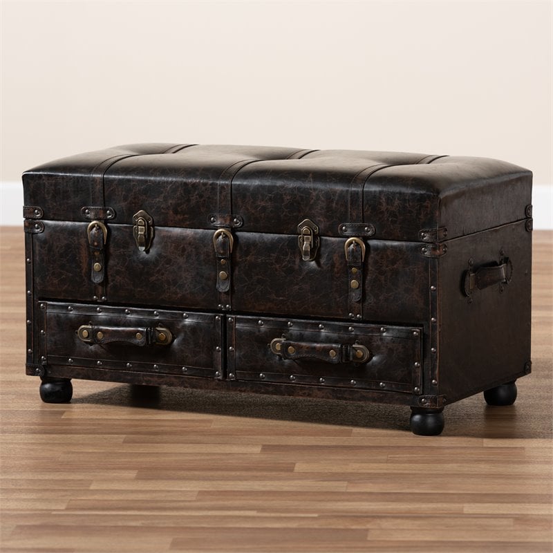 Bowery Hill Dark Brown Faux Leather Upholstered Storage Trunk Ottoman