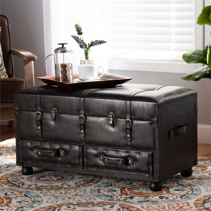 Bowery Hill Dark Brown Faux Leather Upholstered Storage Trunk Ottoman