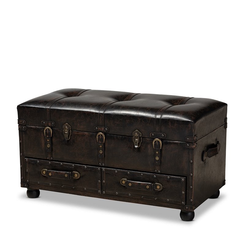 Bowery Hill Dark Brown Faux Leather Upholstered Storage Trunk Ottoman