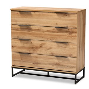 bowery hill industrial oak finished wood black metal 4-drawer dresser