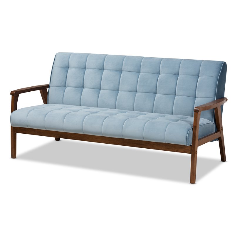 Bowery Hill Light Blue Velvet Upholstered Wood 3-Piece Living Room Set