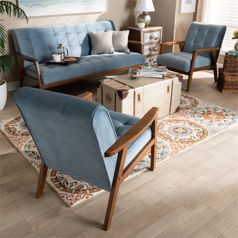 Bowery Hill Light Blue Velvet Upholstered Wood 3-Piece Living Room Set