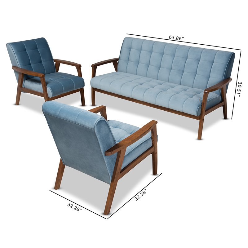 Bowery Hill Light Blue Velvet Upholstered Wood 3-Piece Living Room Set