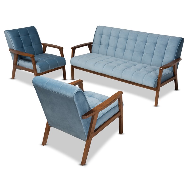 Bowery Hill Light Blue Velvet Upholstered Wood 3-Piece Living Room Set