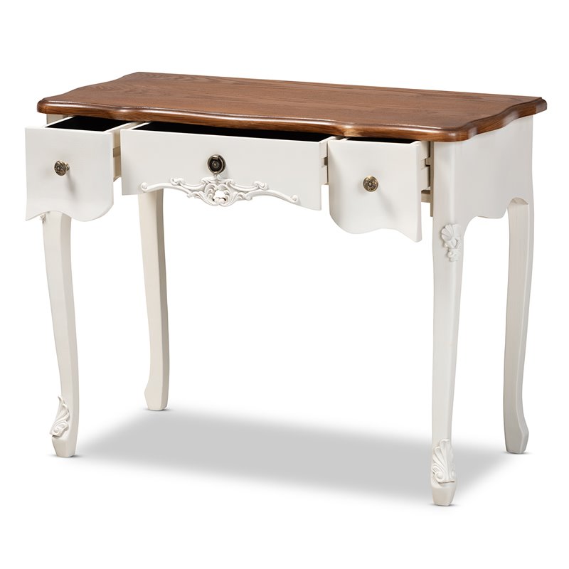 Bowery Hill White and Brown Finished 3-Drawer Small Wood Console Table