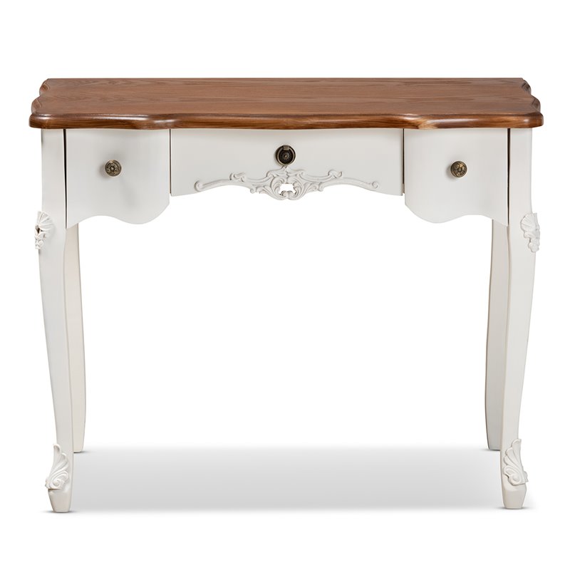 Bowery Hill White and Brown Finished 3-Drawer Small Wood Console Table