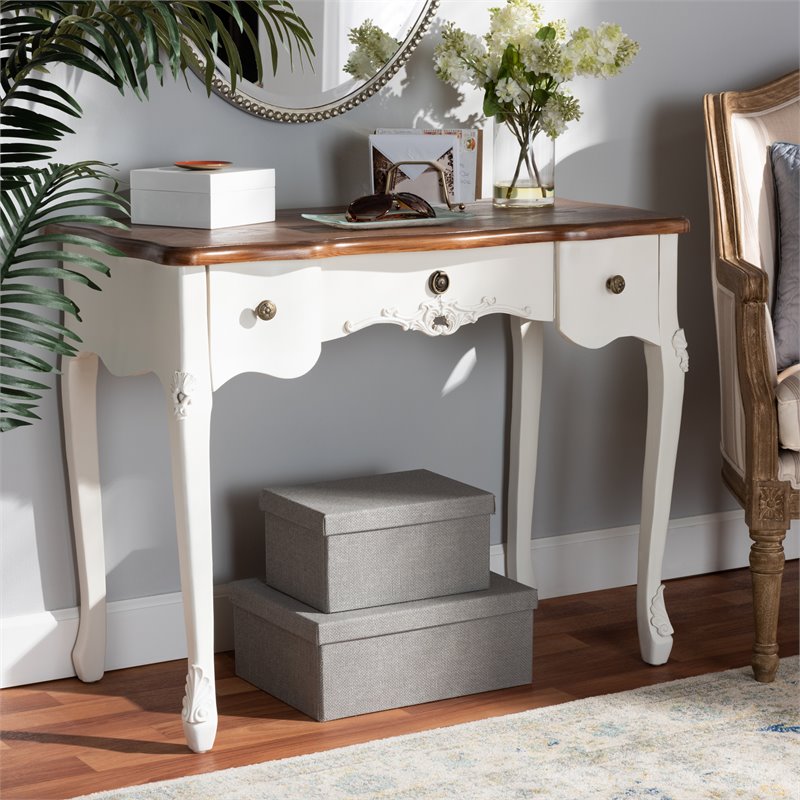 Bowery Hill White and Brown Finished 3-Drawer Small Wood Console Table