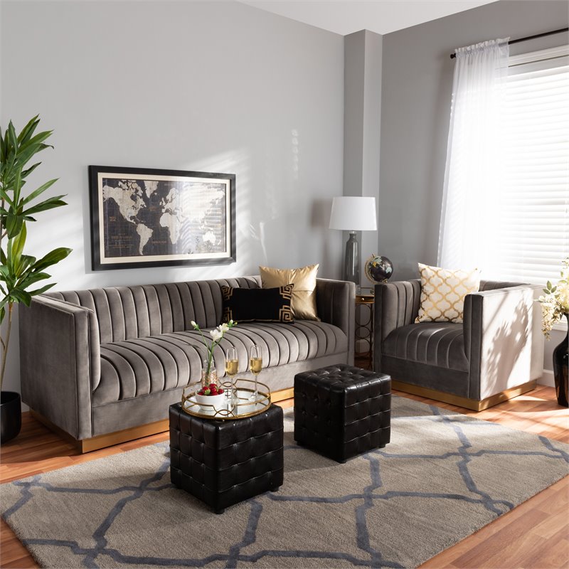 Bowery Hill Modern Velvet Brushed Gold 2-Piece Living Room Set in Gray