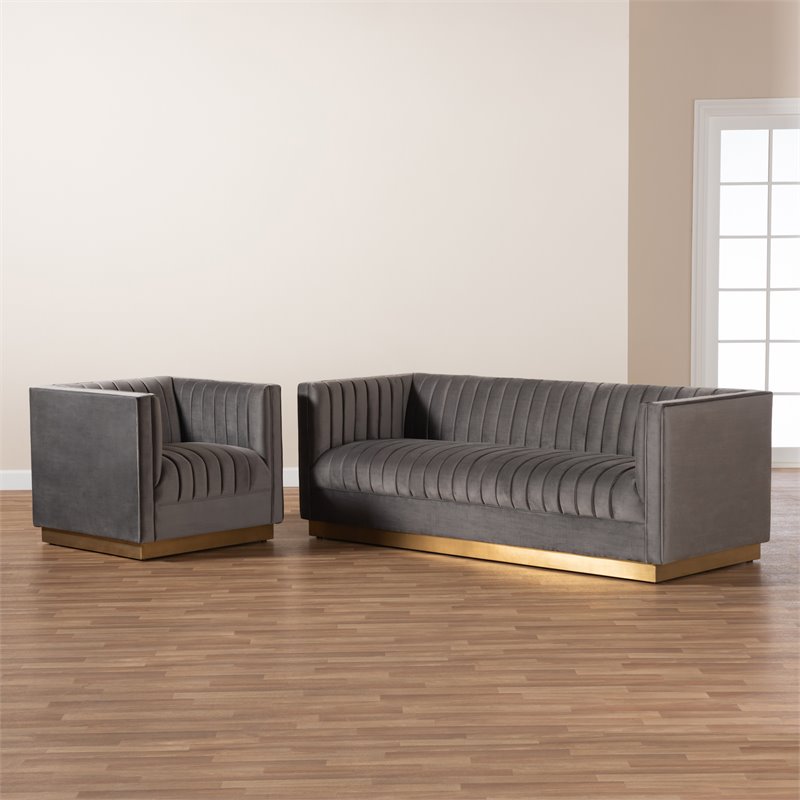 Bowery Hill Modern Velvet Brushed Gold 2-Piece Living Room Set in Gray