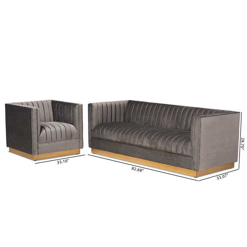 Bowery Hill Modern Velvet Brushed Gold 2-Piece Living Room Set in Gray