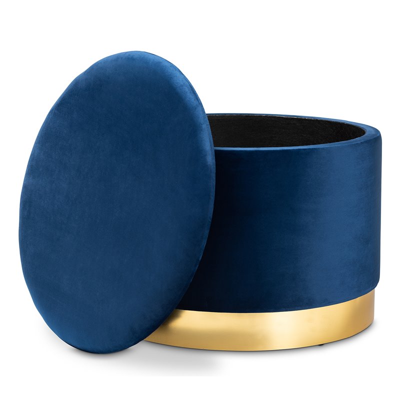 Bowery Hill Navy Blue Velvet Upholstered Gold Finished Storage Ottoman