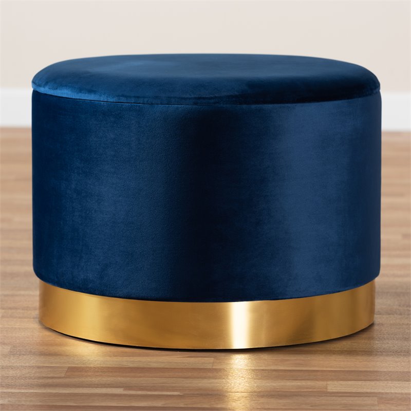 Bowery Hill Navy Blue Velvet Upholstered Gold Finished Storage Ottoman