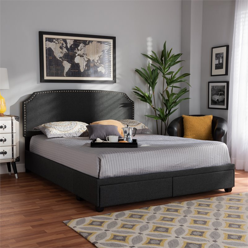 Bowery Hill Modern Fabric Upholstered Platform Storage Queen Bed in Dark Gray
