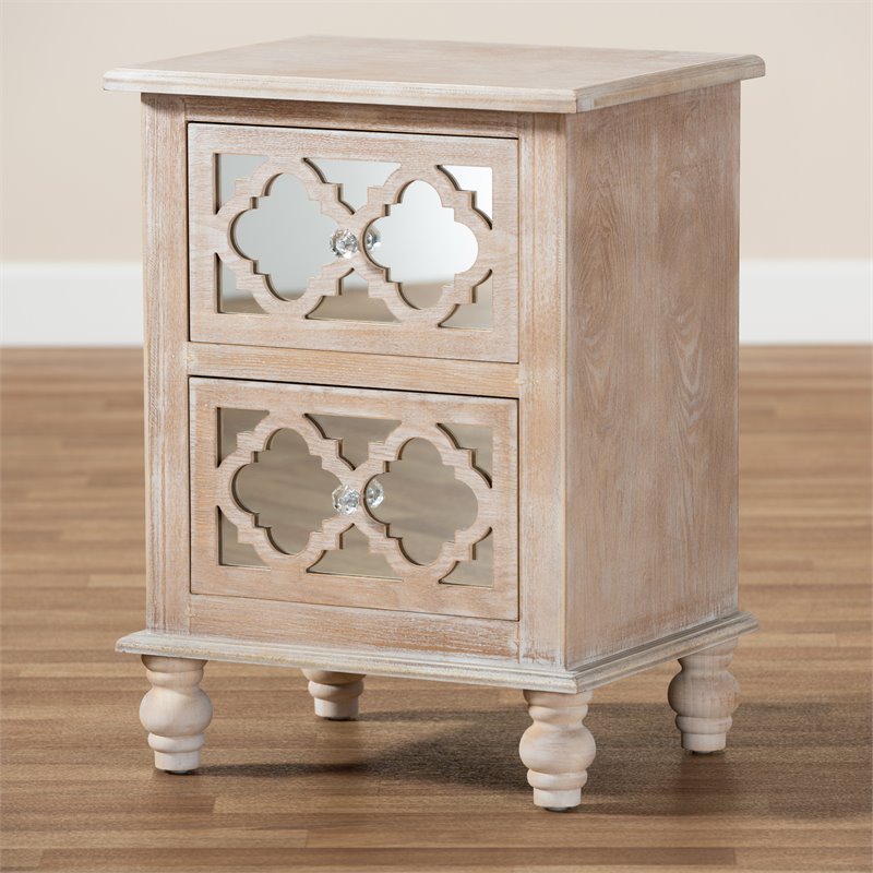 Bowery Hill White-Washed Wood and Mirror 2-Drawer Quatrefoil Nightstand
