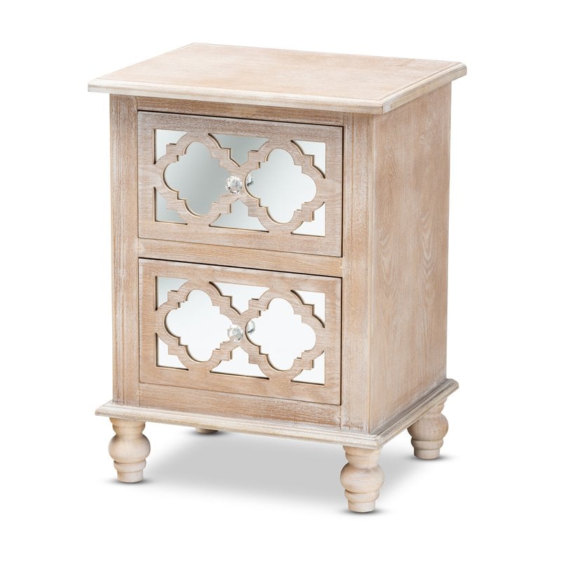 Bowery Hill White-Washed Wood and Mirror 2-Drawer Quatrefoil Nightstand