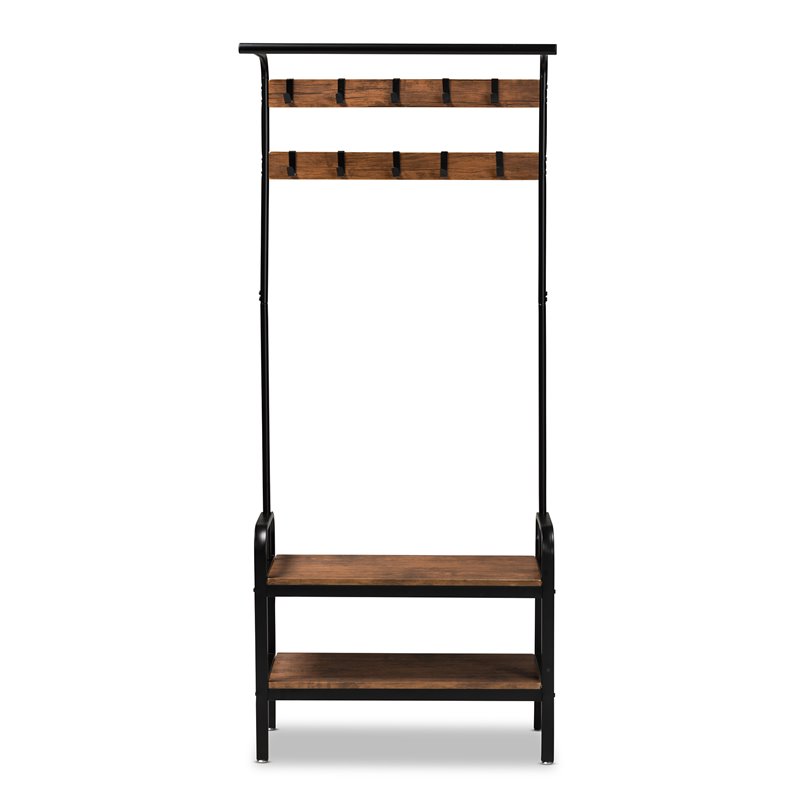 Bowery Hill Distressed Wood and Black Metal Finished Entryway Hall Tree