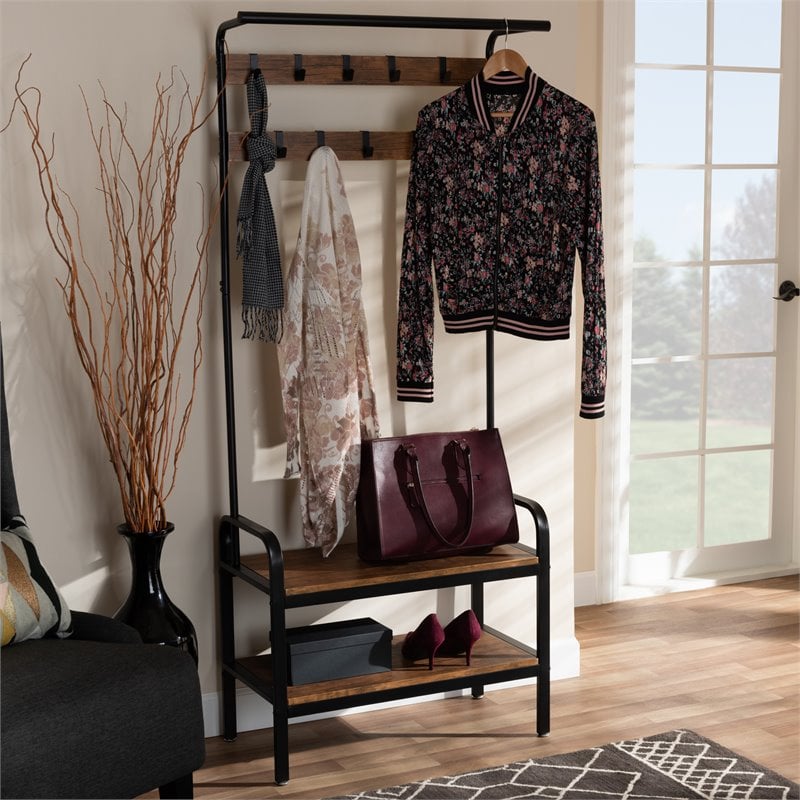 Bowery Hill Distressed Wood and Black Metal Finished Entryway Hall Tree