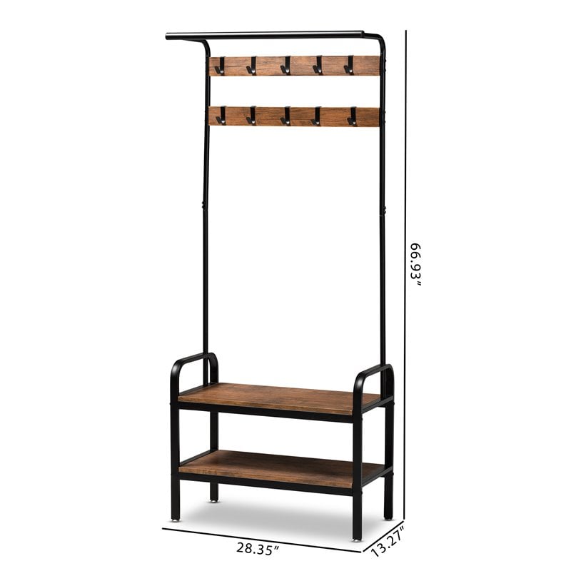 Bowery Hill Distressed Wood and Black Metal Finished Entryway Hall Tree