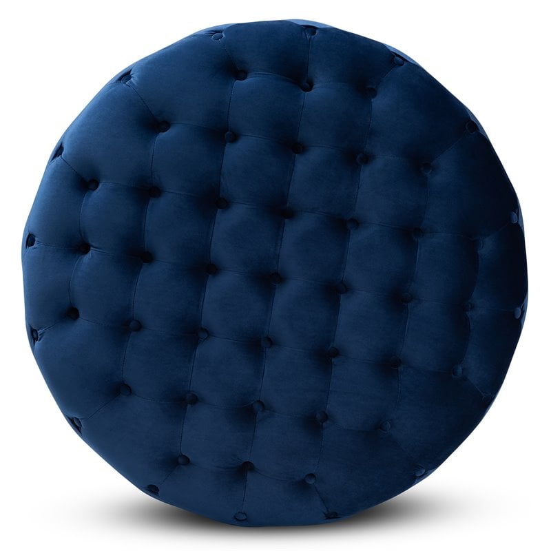 Bowery Hill Royal Blue Velvet Upholstered Gold Finished Cocktail Ottoman
