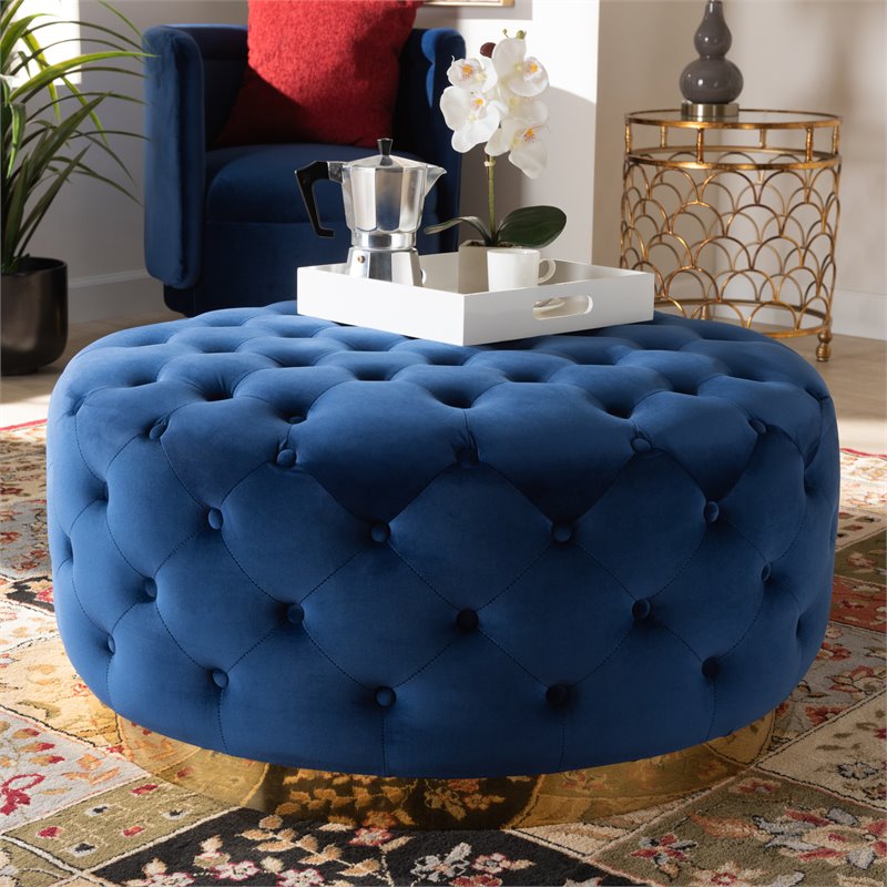 Bowery Hill Royal Blue Velvet Upholstered Gold Finished Cocktail Ottoman